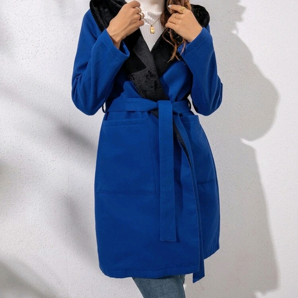 Open Front Hooded Overcoat With Belt - Picture 5 of 9